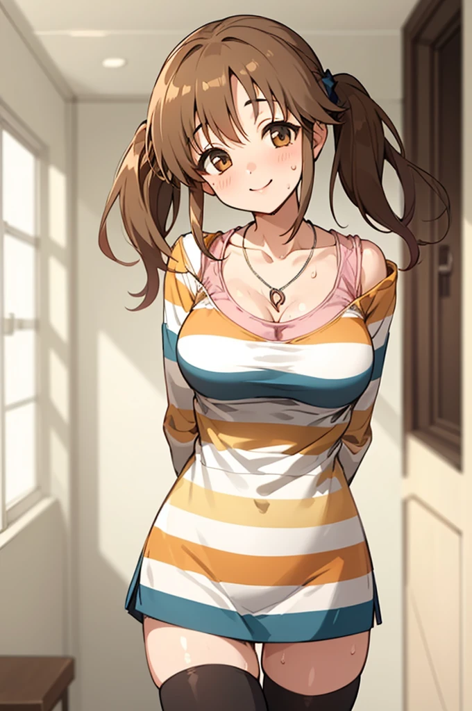 (masterpiece, best quality:1.2), cowboy shot, solo, 1girl, totoki airi, smile, looking at viewer, head tilt, arms behind back, twintails, striped shirt, thighhighs, jewelry, heart necklace,big breasts,thigh,sweating,my room,cleavage