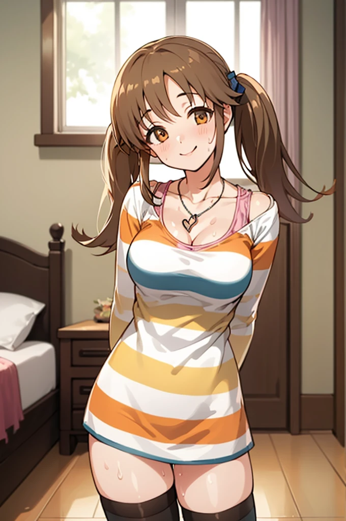 (masterpiece, best quality:1.2), cowboy shot, solo, 1girl, totoki airi, smile, looking at viewer, head tilt, arms behind back, twintails, striped shirt, thighhighs, jewelry, heart necklace,big breasts,thigh,sweating,my room,cleavage