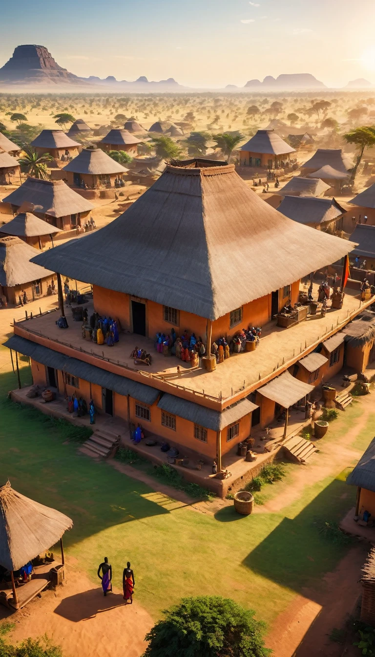 a very large african traditionnal empire, many houses, big civilisation, african sunchine, detailed, diverse people, colorful , establishing shot, cinematic lighting, dramatic shadows, vibrant colors, photorealistic, 8k, HDR, hyper detailed, masterpiece, empire, sunbchine; good vibes