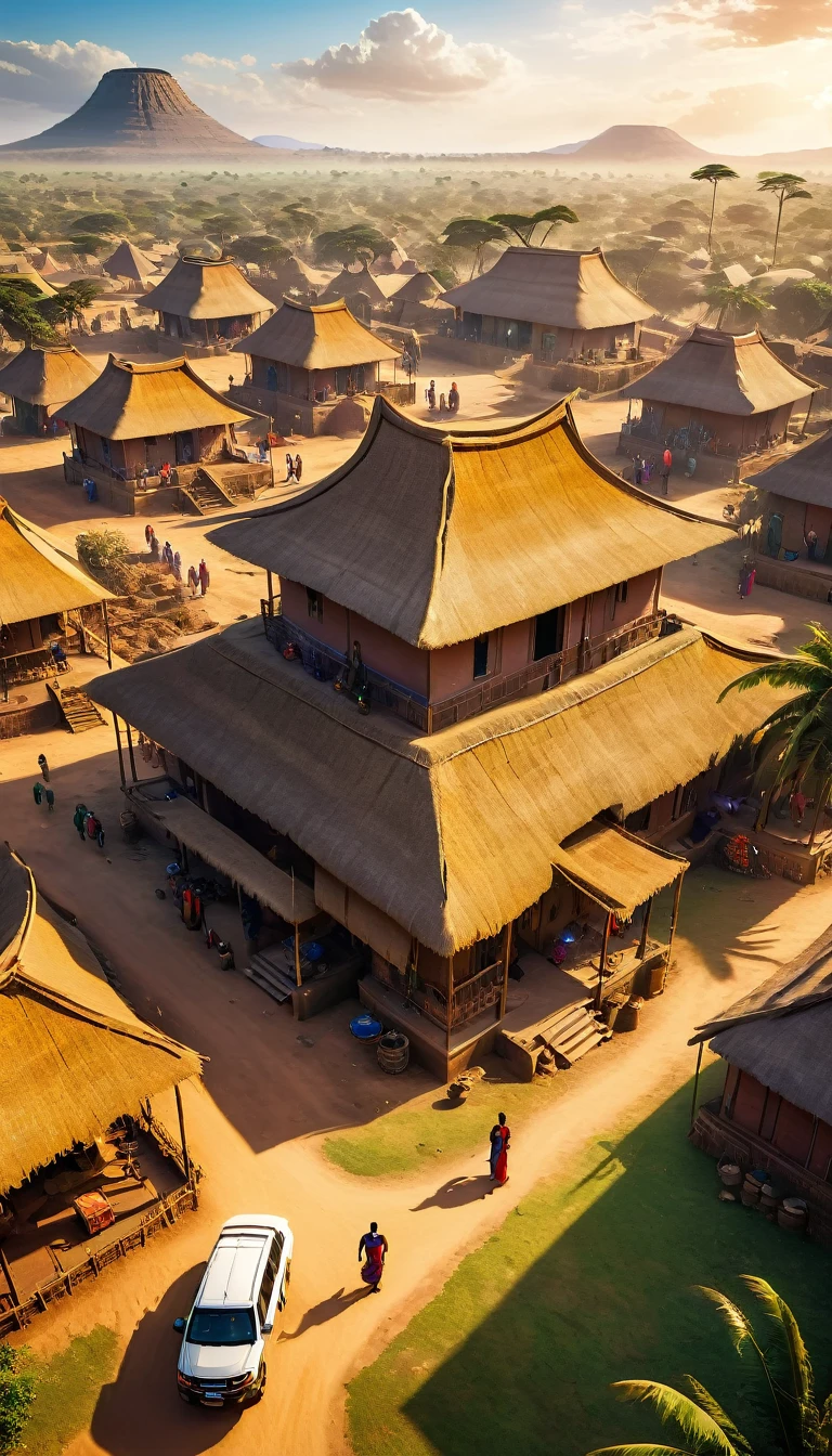 a very large african traditionnal empire, many houses, big civilisation, african sunchine, detailed, diverse people, colorful , establishing shot, cinematic lighting, dramatic shadows, vibrant colors, photorealistic, 8k, HDR, hyper detailed, masterpiece, empire, sunbchine; good vibes