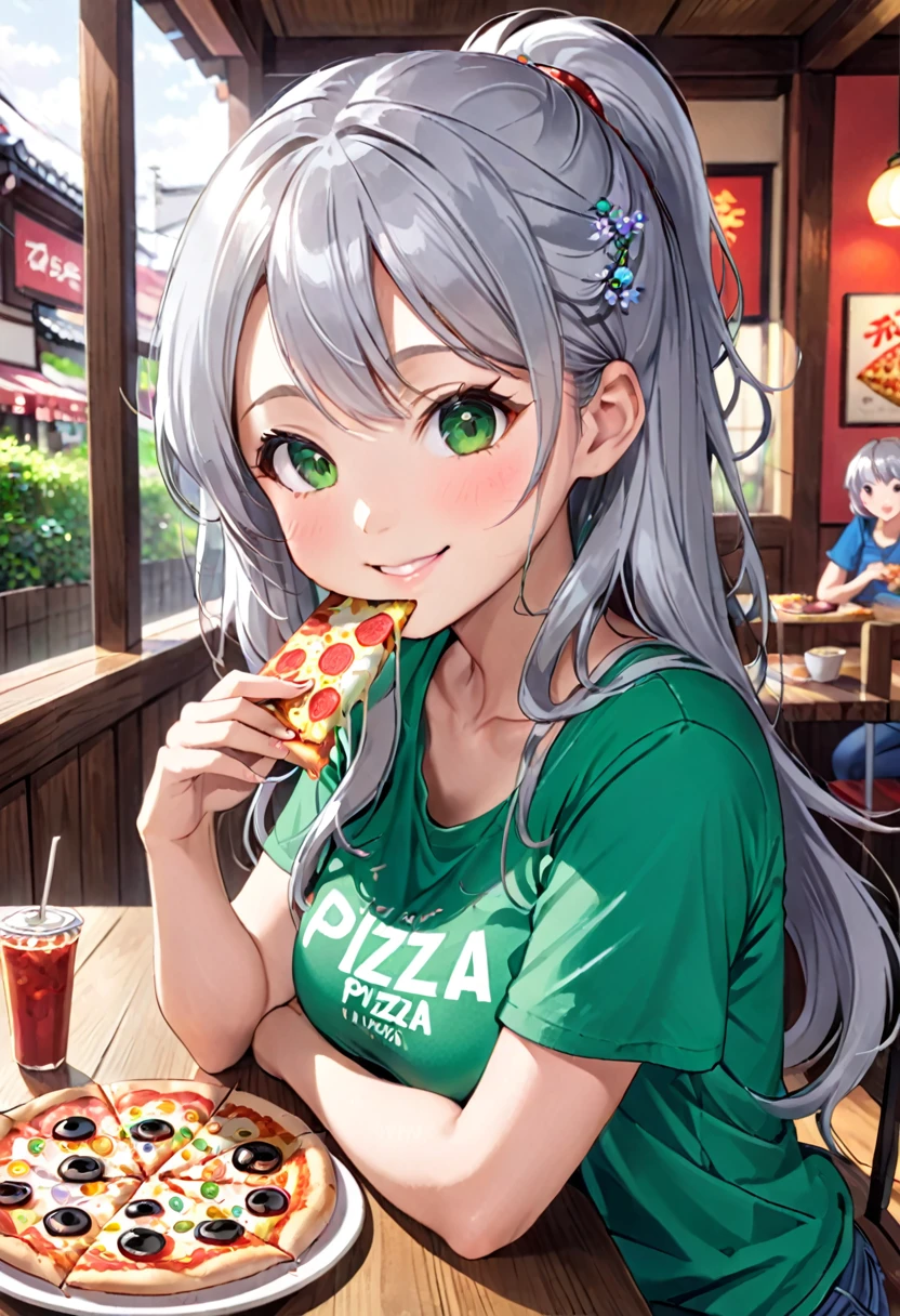 Pretty asian woman, bright silver hair, long hair, green eyes, japanese tshirt, perfect face, busty, sitting at a table, cute pose, about to eat a pizza, anime style , smiling