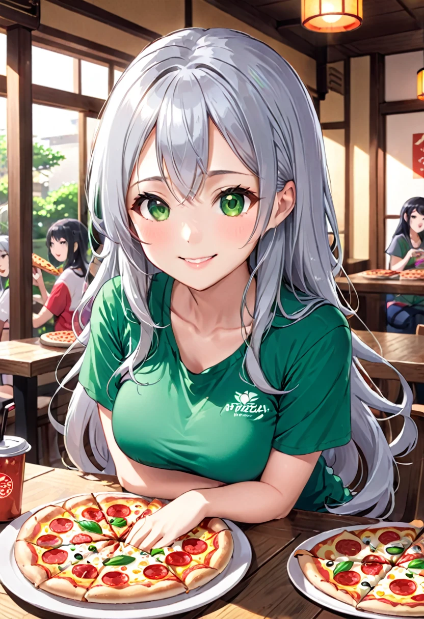 Pretty asian woman, bright silver hair, long hair, green eyes, japanese tshirt, perfect face, busty, sitting at a table, cute pose, about to eat a pizza, anime style , smiling