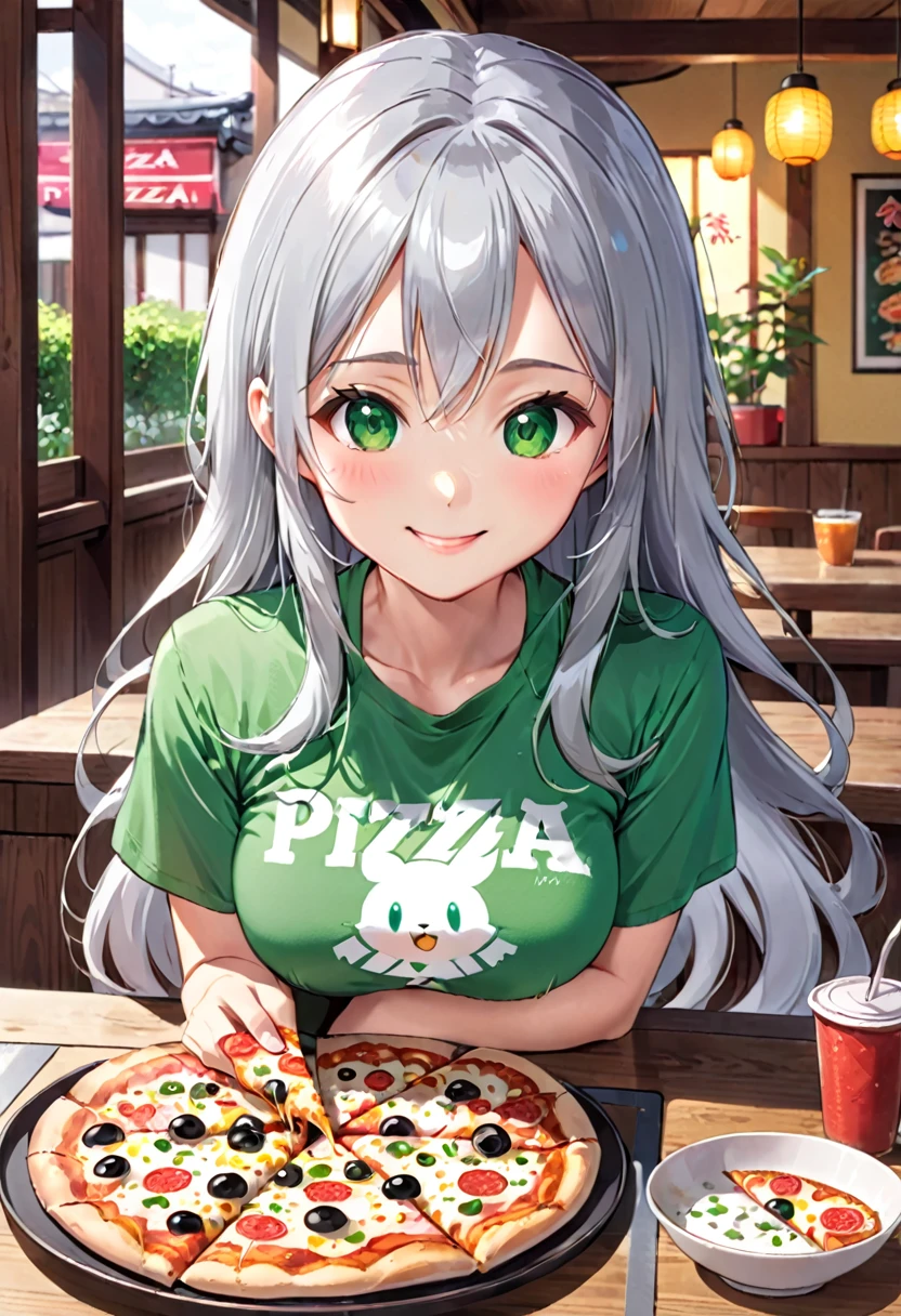 Pretty asian woman, bright silver hair, long hair, green eyes, japanese tshirt, perfect face, busty, sitting at a table, cute pose, about to eat a pizza, anime style , smiling