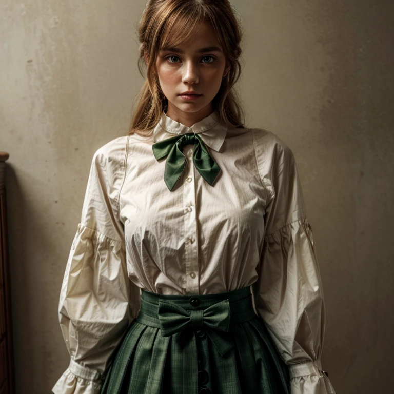 1womanl, golden brown hair, white button-down t-shirt with collar and long puff sleeves, dark green bow tie around the neck, dark green long skirt, 60s style clothes, eyes browns, pale skin