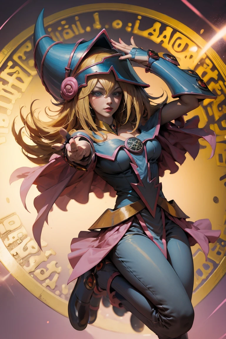 DarkDark magician gils, with high-heels. pants, sexy, Subjective and sensual pose. Long blonde hair. blue eyes. Red lips. Levitating above a circle of magic. .
