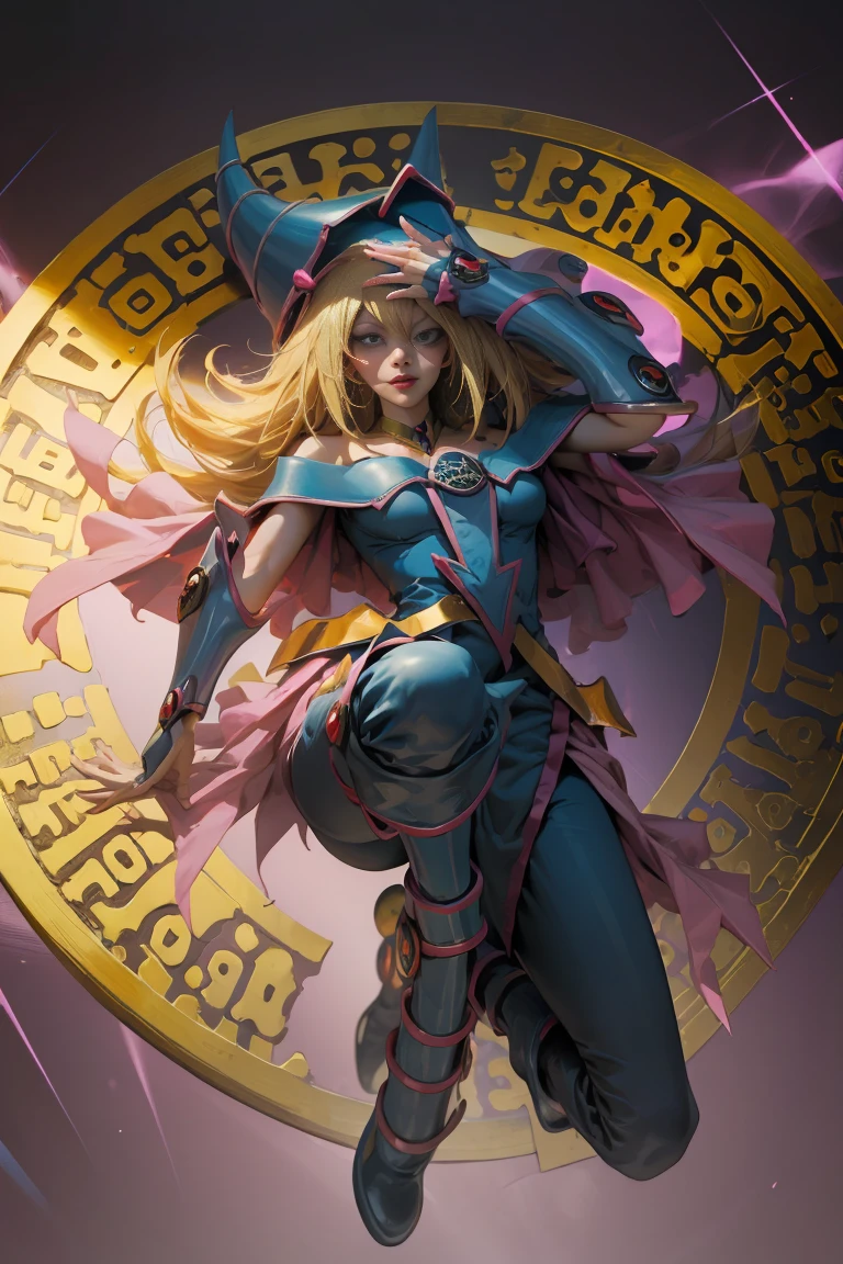 DarkDark magician gils, with high-heels. pants,  sexy, Subjective and sensual pose. Long blonde hair. blue eyes. Red lips. Levitating above a circle of magic. . 