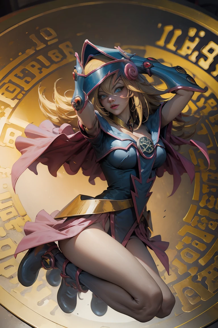 DarkDark magician gils, with high-heels. pants, sexy, Subjective and sensual pose. Long blonde hair. blue eyes. Red lips. Levitating above a circle of magic. .