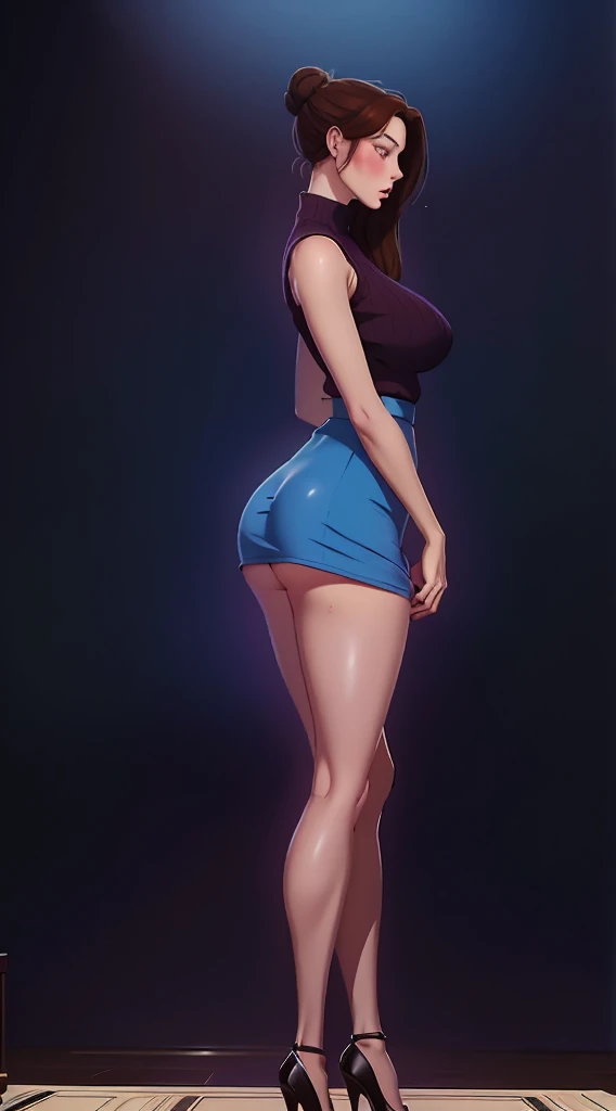 Full body shot of 1 beautiful woman, adult, large body, voluptuous woman, (very long straight hair),hair bun, ( brunette hair), outlined eyelids, made-up eyelids, purple eyes, sleeveless skin tight white turtleneck sweater, (blue mini cotton skirt), tempting , dreaming, curvy hourglass figure, oppai proportion, tight skirt , tall, tall, long legs, wide bust, slim waist, accentuated hips, side view, view from side, accentuated ass, round ass cheeks, curved ass cheeks, ass popping,