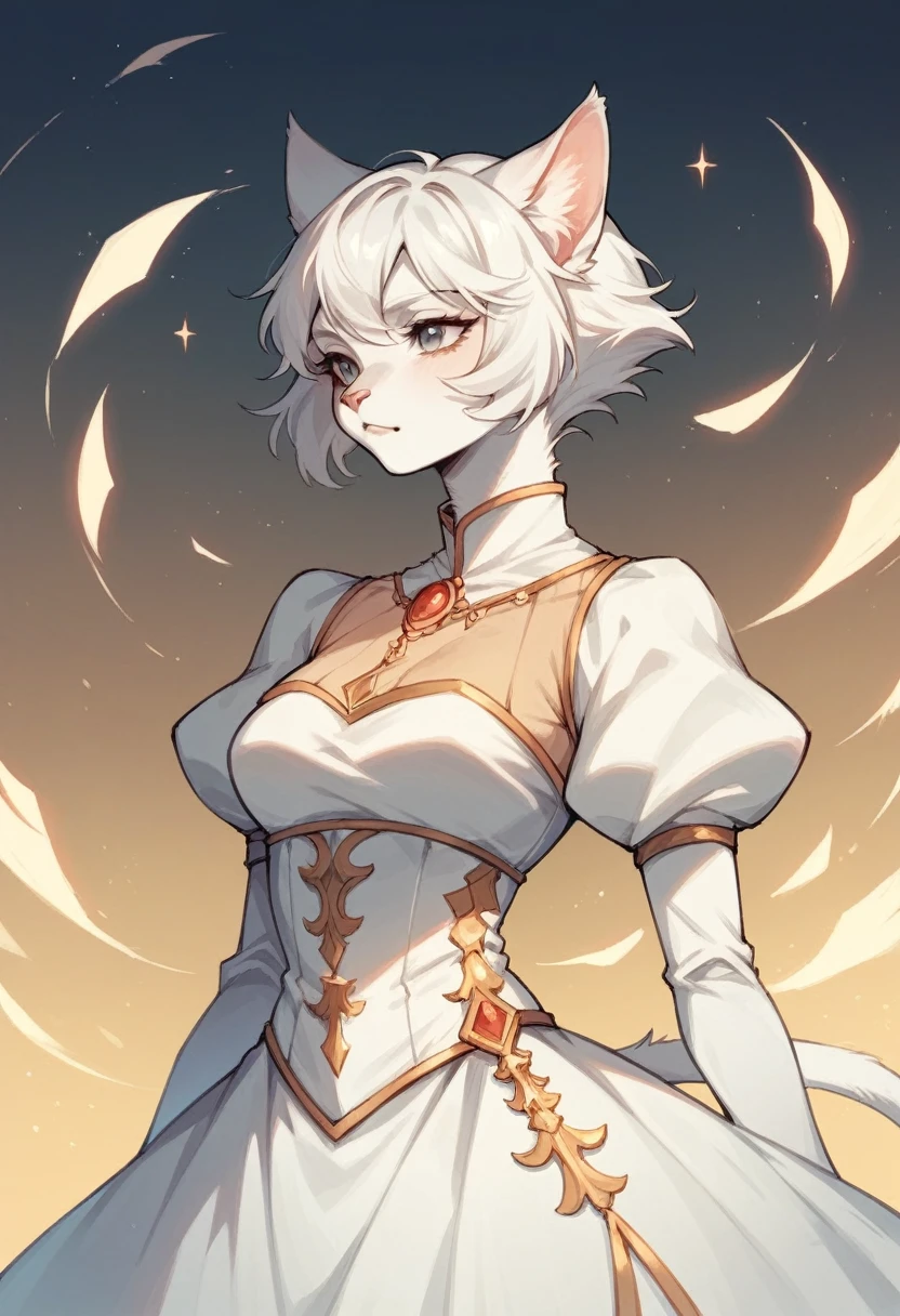 anthro Cat girl,White dress, princes fantasy, short white hair
