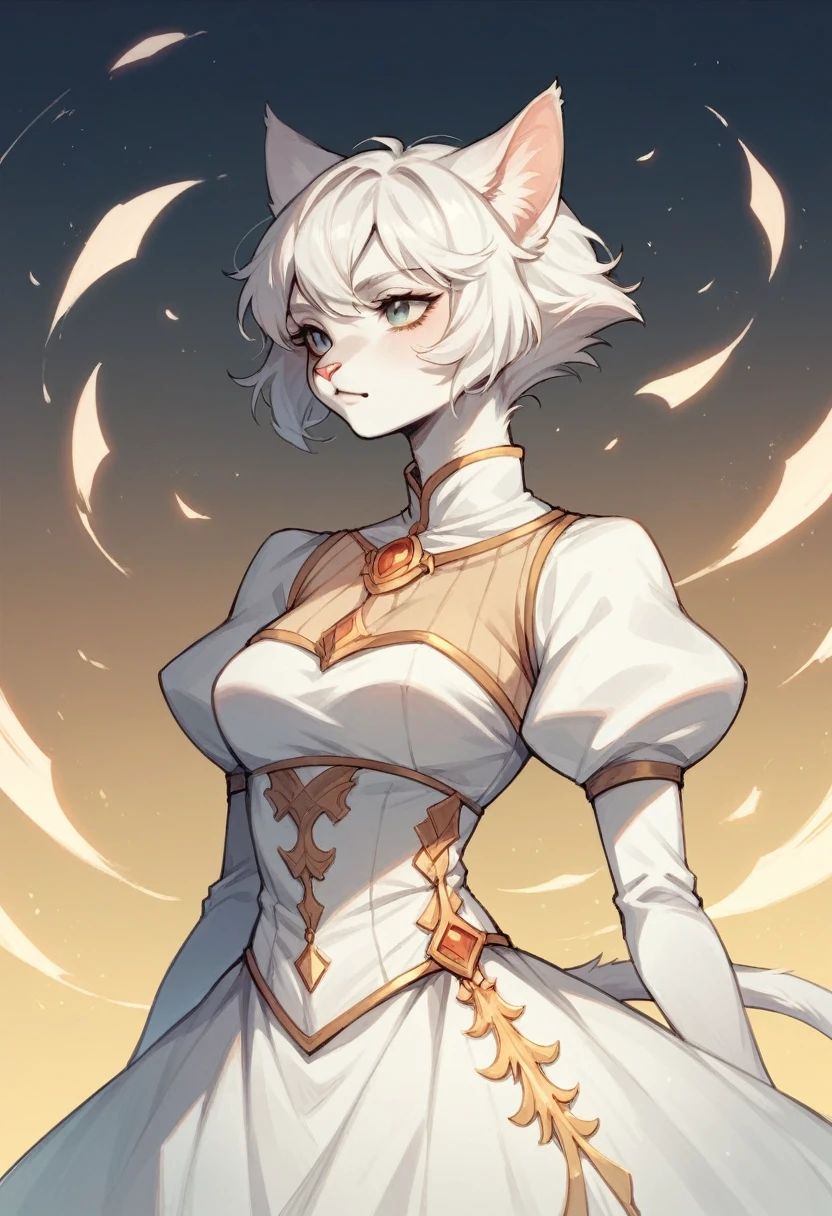 anthro Cat girl,White dress, princes fantasy, short white hair