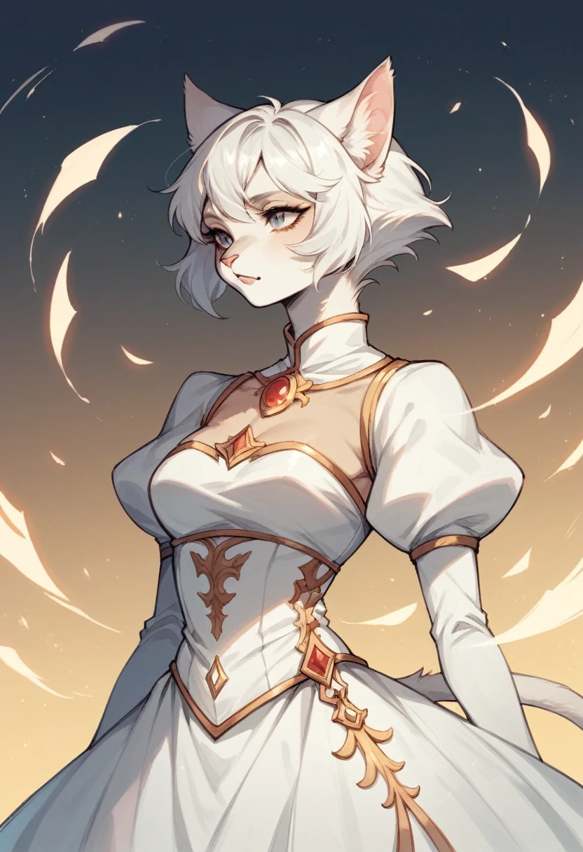 anthro Cat girl,White dress, princes fantasy, short white hair
