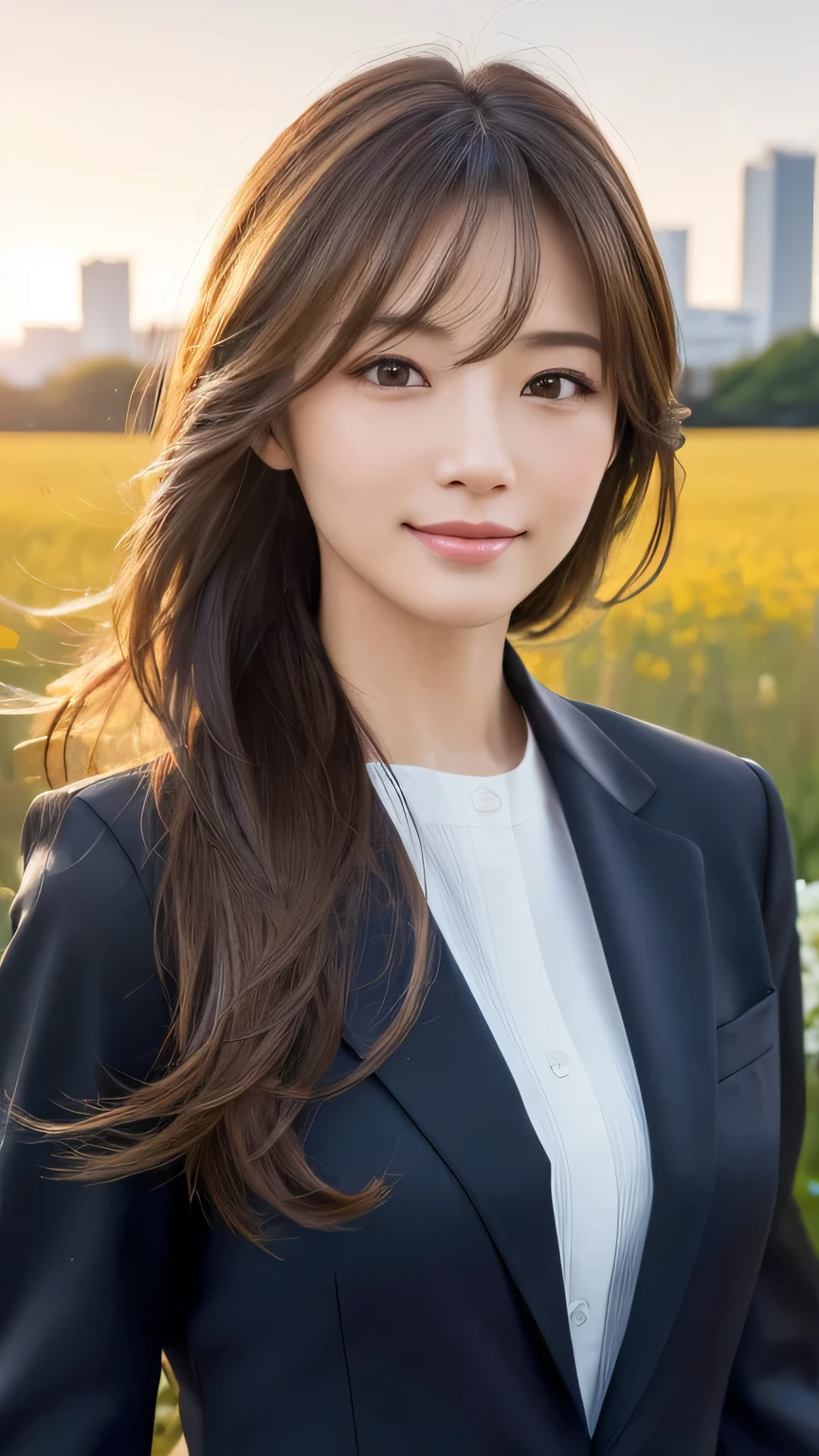 highest quality、genuine、Super detailed、finely、High resolution、8k wallpaper、one beautiful woman、、、light brown disheveled hair、wearing a business suit、sharp focus、perfect dynamic composition、beautiful and detailed eyes、thin hair、Detailed genuine skin texture、smile、model body shape、In Tokyo at morning、In a windswept meadow