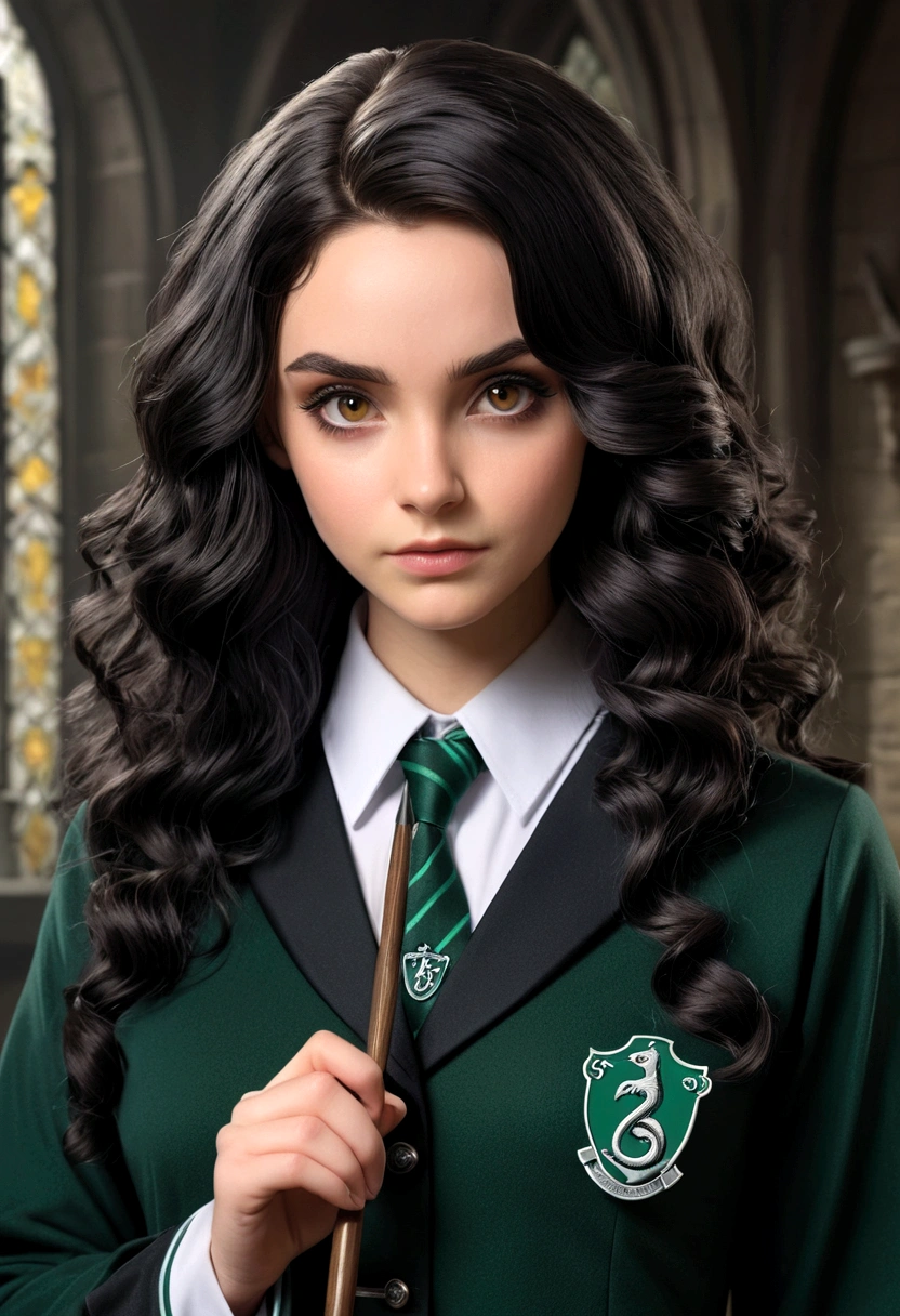 Best Quality, Masterpiece, wide, black wavy hair, Brown eyes, wearing official Slytherin uniform, seeking out, Upper part of the body, lock of hair, White skin, holding a magic wand, 4k, Gothic, realist, elegant, smug look