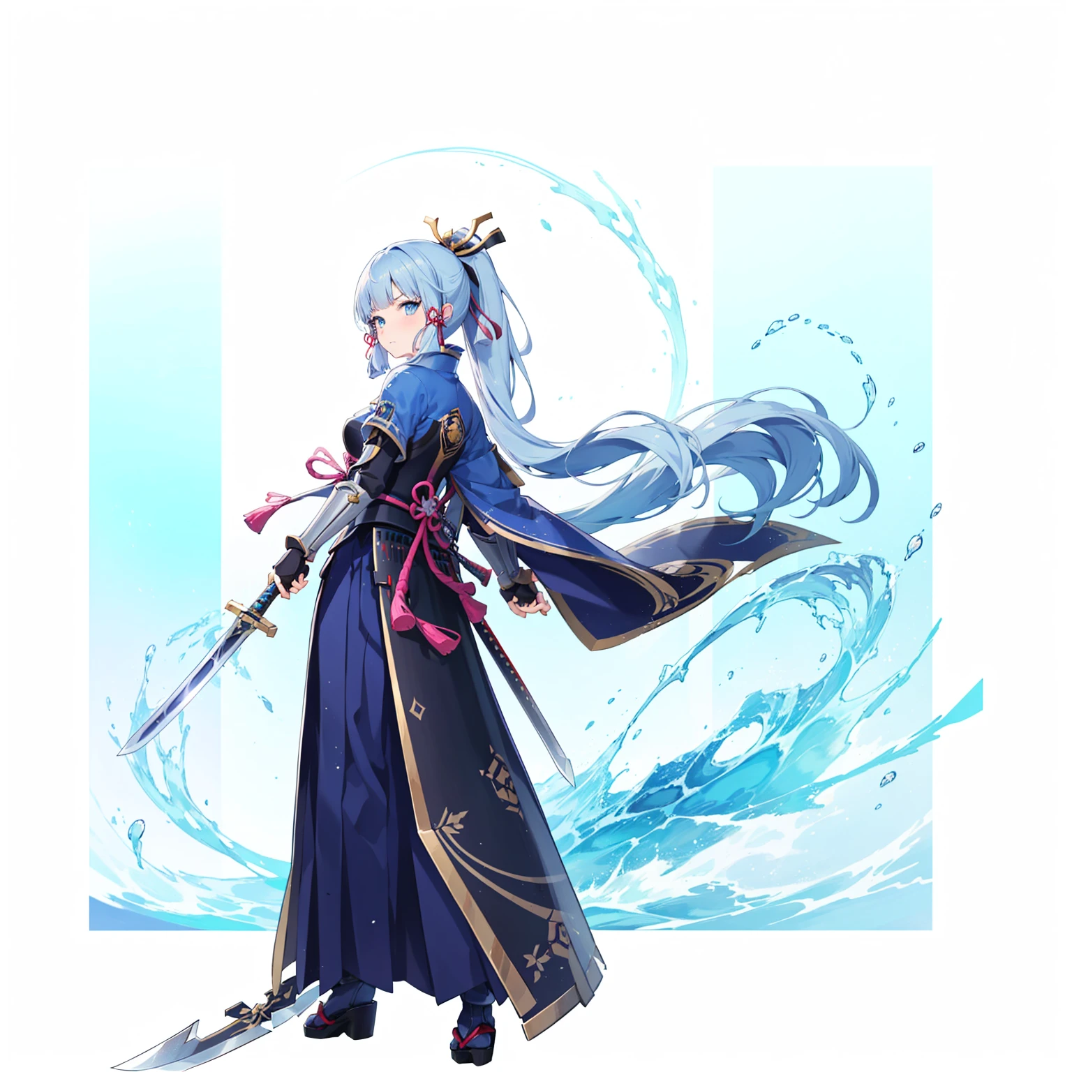 View the viewer, 1 Girl, Highest quality, Blue Hair, blue eyes, Japanese style armor, Sword in hand, electricity, kamisato ayaka, whole body, blush, Serious face、Very detailed、high resolution、High resolution、Written boundary depth,White Background,A sword as big as your body