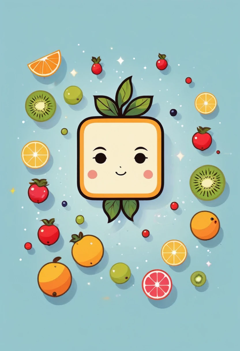 square fruit surrounded by atoms in one piece style with face 