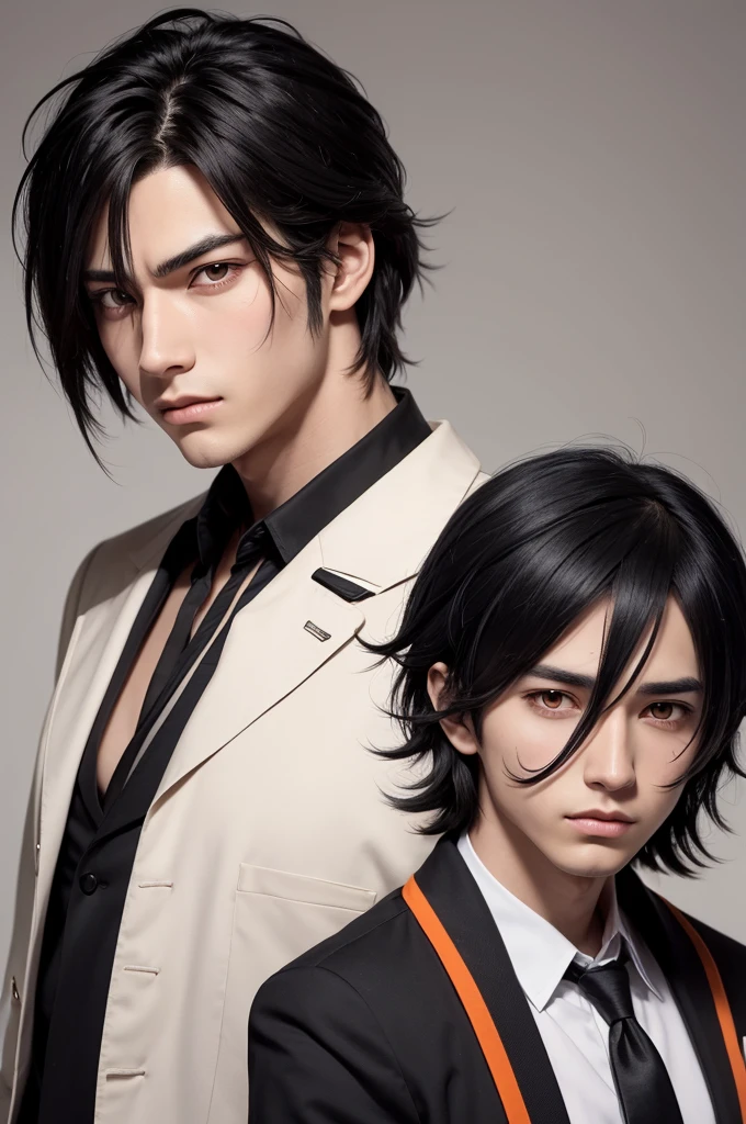A male character with anime features,and with messy black hair and a ribbon in the middle of the forehead and a patch on the orange eye 