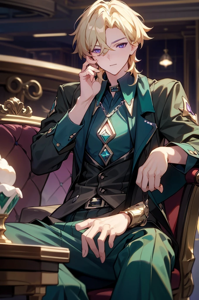 1boy, aventurine, blonde hair, gorgeous, medium hair, (two-tone eyes, purple eyes, blue eyes), best quality, high resolution, materpiece, very detailed, male focus, sitting, shirt, pants, best quality, amazing quality, best aesthetic, absurdres, casino background 