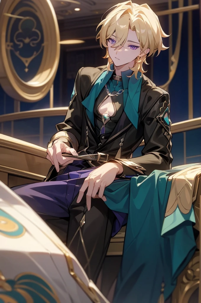 1boy, aventurine, blonde hair, gorgeous, medium hair, (two-tone eyes, purple eyes, blue eyes), best quality, high resolution, materpiece, very detailed, male focus, sitting, shirt, pants, best quality, amazing quality, best aesthetic, absurdres, casino background