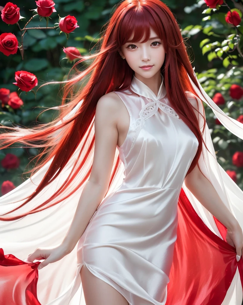 (Highest quality, 32k, High resolution, Masterpiece:1.5), marimo_jet, magnificent々A photograph with brilliant dazzling and healing power., Evoking a sense of calm and elusive beauty, Expressing emotions, Have a rich imagination, Beautiful Japanese Girls, An exceptionally beautiful face, Small Face Beauty, ((whole body:1.2)), Perfect Human Anatomy, Magical big eyes, Motherhood and generosity, Deep Love, fleeting smile, ((White shiny red hair:1.4)), ((Intricately messy super long straight silk hair:1.3)), Asymmetrical bangs, Hair between the eyes, Transparent, soft white skin, Sharp eyebrows, Thin lashes, Natural Makeup, Cheek highlighter, Pale pink detailed lips, ((Bright red dress:1.3)), High resolutionの完璧な鎖骨, High resolutionの美しい胸元, Slim figure with ample breasts, High resolutionの美しい太もも, ((Fluttering rose petals fill the background:1.2)), Professional Lighting, Professional photographer, Professional models, mysterious