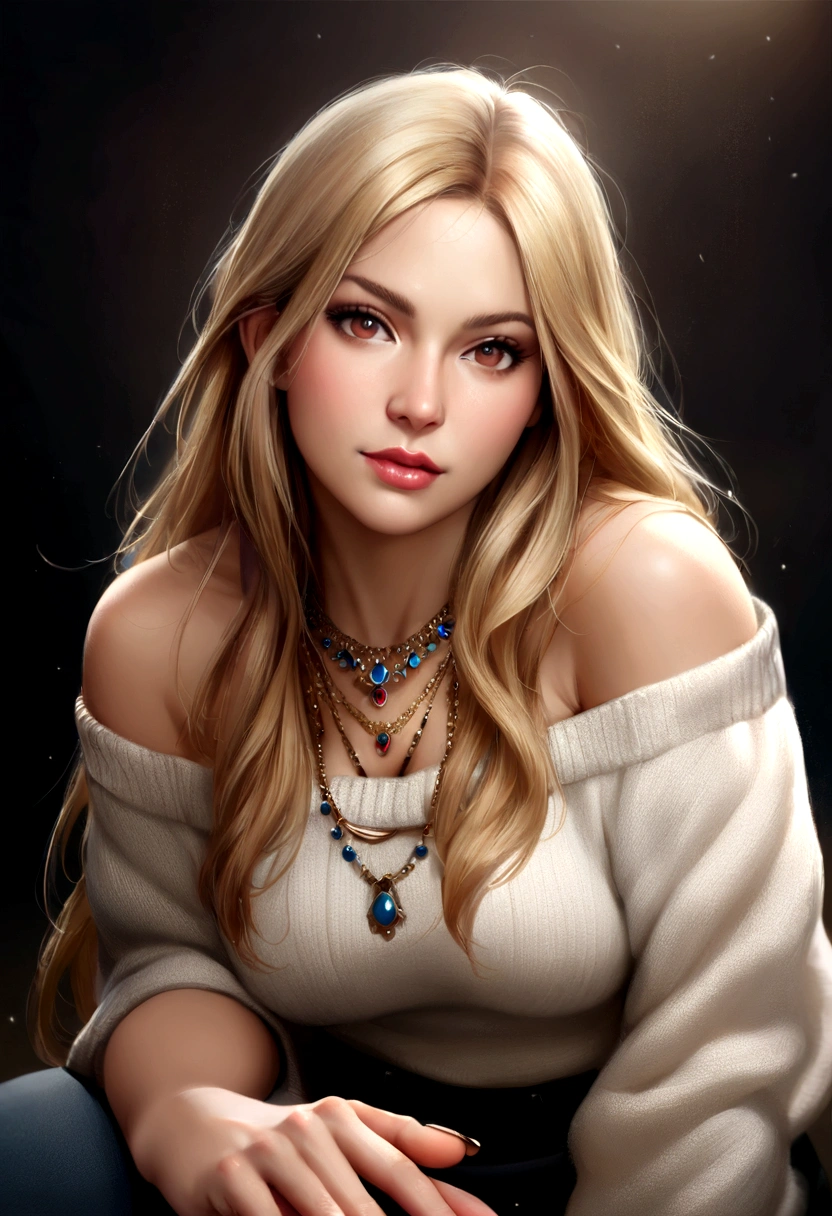 1Girl 32 years old, Long hair, midsize , looking down at viewer, blond hair, bare shoulders, brown eyes, jewellery, full entire body, necklace, off shoulders, pullover, lips, realistic, nose, flirting with the camera,