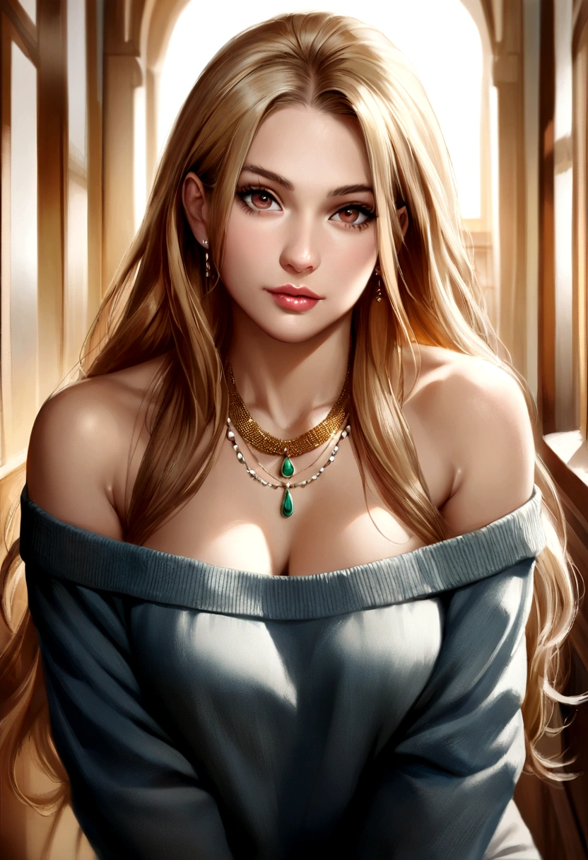 1Girl 32 years old, Long hair, midsize , looking down at viewer, blond hair, bare shoulders, brown eyes, jewellery, full entire body, necklace, off shoulders, pullover, lips, realistic, nose, flirting with the camera,