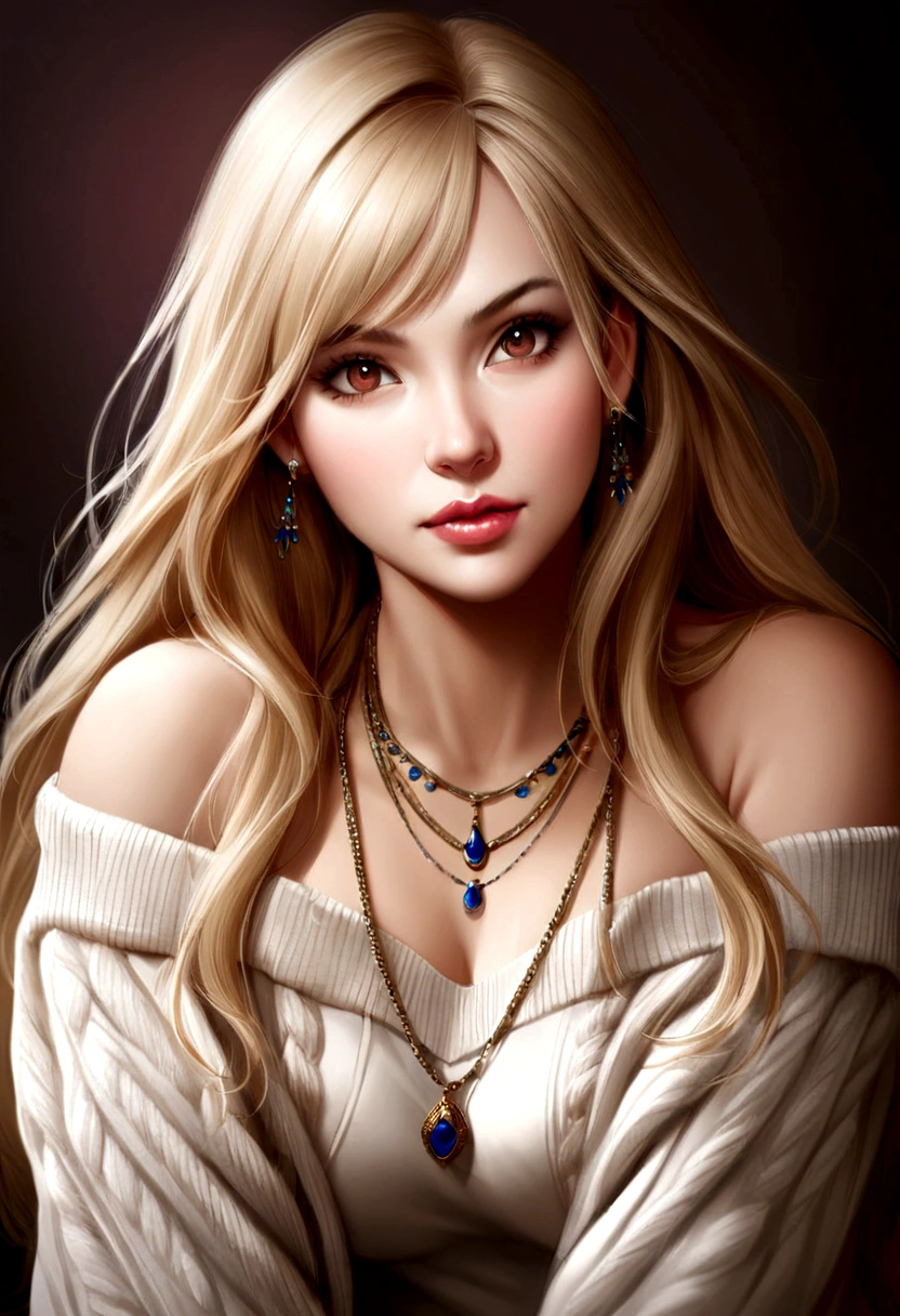 1Girl 32 years old, Long hair, midsize , looking down at viewer, blond hair, bare shoulders, brown eyes, jewellery, full entire body, necklace, off shoulders, pullover, lips, realistic, nose, flirting with the camera,
