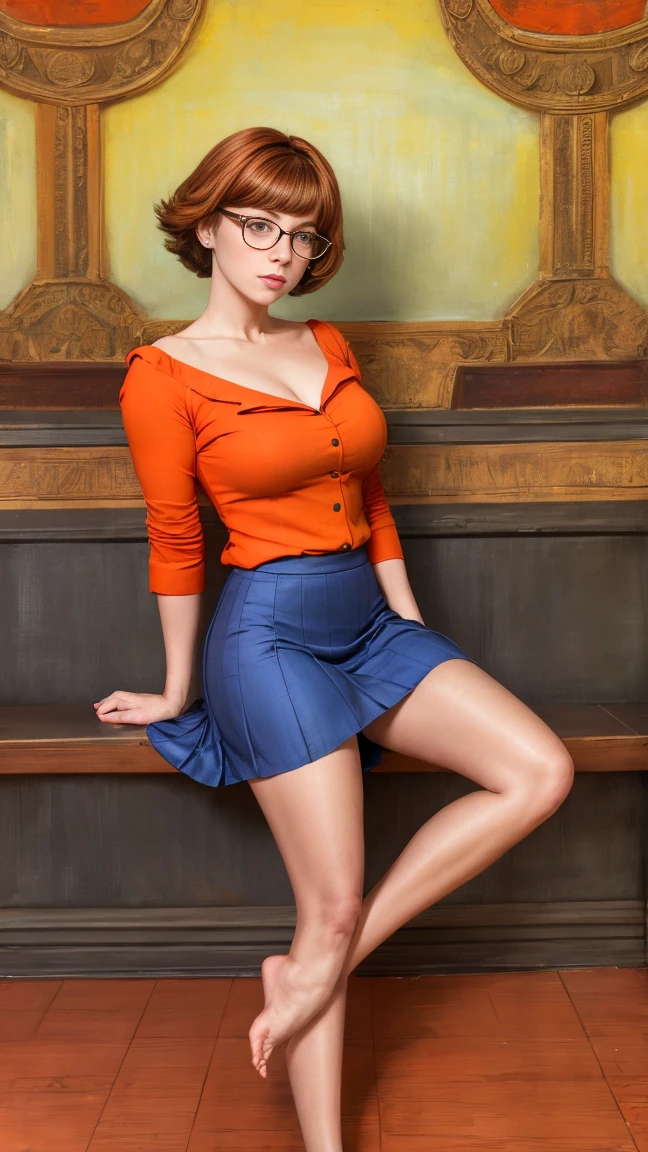 Full body view, feet in view, Velma Dinkley, solo, stripper, brown hair, dark blue eyes, detailed face, orange shirt, short red skirt, orange pantyhose, no shoes, huge breasts
([Julianne Hough|Megan Fox|Christina Hendricks]:0.8), (puffy lips :0.9),
masterpiece, professional, high quality, beautiful, amazing, gothic, Getty Images, miko, giant,
photoshoot, 4k, realistic, detailed background, abhorrent, real life, by Walter Beach Humphrey, by Pierre Bonnard,
