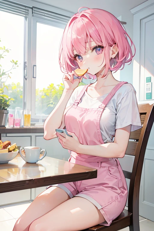 cute girl with short pink hair with bangs, wearing white shirt and pink shorts, is sitting in a chair facing a table in a kitchen, eating breakfast, while using her cell phone, she is not looking at the camera but rather down, 8k