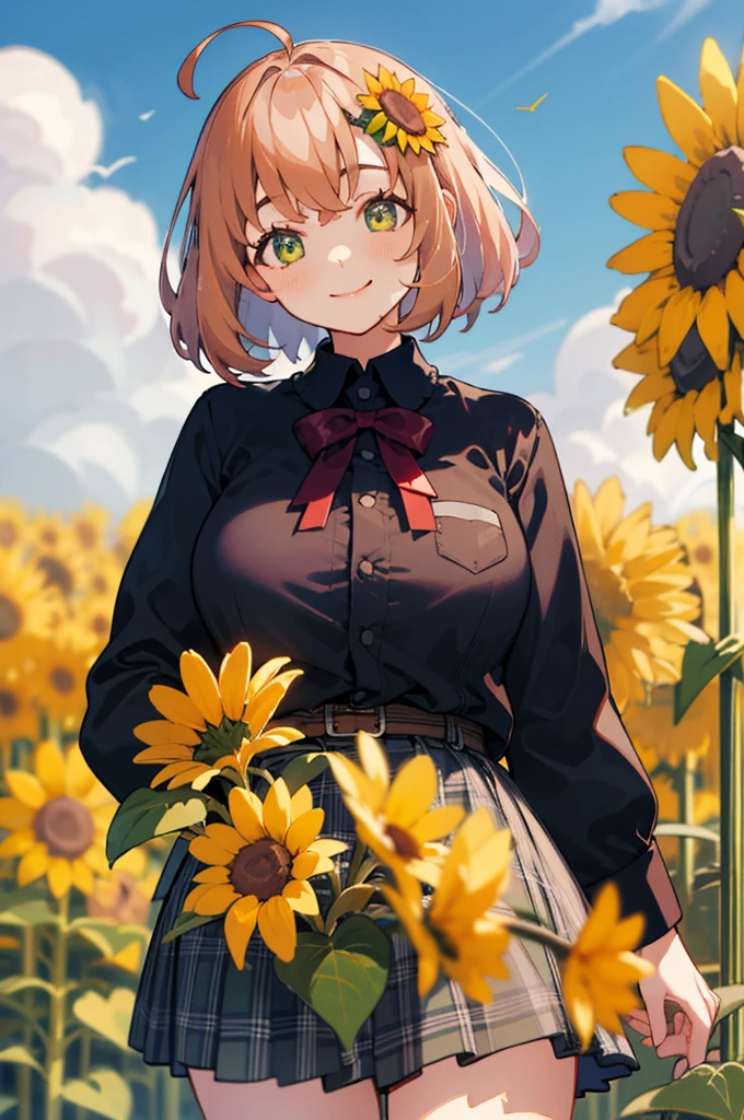 (masterpiece, best quality:1.2), cowboy shot, solo, 1girl, honma himawari, smile, looking at viewer, ahoge, sunflower hair ornament, , black jacket, plaid skirt, sunflower field,huge breasts