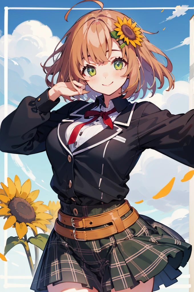 (masterpiece, best quality:1.2), cowboy shot, solo, 1girl, honma himawari, smile, looking at viewer, ahoge, sunflower hair ornament, , black jacket, plaid skirt, sunflower field,huge breasts