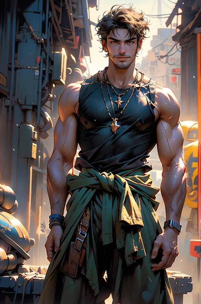 (masterpiece:1.2, best quality, Extremely refined), Man with short brown hair, Short Ponytail, Bronzed skin, a handsome face, Deep eyes, Wild smile, topless, There is stubble on the chin, Wearing a necklace with fangs, muscular, Fantasy realistic style blue open short vest, Sleeveless, There is a cloth belt tied around the arm, Yellow belt, green overalls, Standing on the endless coastline, This character embodies a carefully crafted fantasy-reality style thief in the anime style, Exquisite and mature comic art style, Dramatic, HD, High resolution, Super detailed, Ultra-fine coating, professional, Perfect body proportions, golden ratio, anatomically correct, symmetrical face, Extremely detailed eyes and face, high quality eyes, creativity, original photo, 超HD, 32k, Natural light, movie lighting, masterpiece-anatomy-perfect