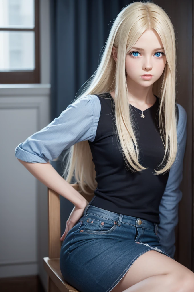 create a female character with straight blonde hair,
blue eyes and appearance of about 12 years of age