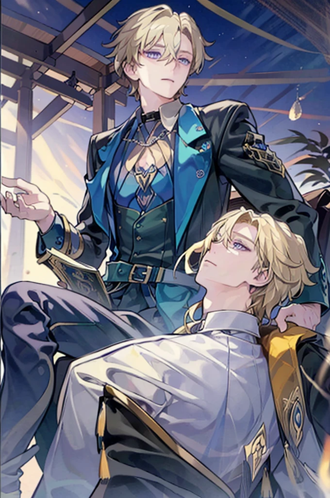1boy, aventurine, blonde hair, gorgeous, medium hair, (two-tone eyes, purple eyes, blue eyes), best quality, high resolution, materpiece, very detailed, male focus, sitting, shirt, pants, best quality, amazing quality, best aesthetic, absurdres, casino background