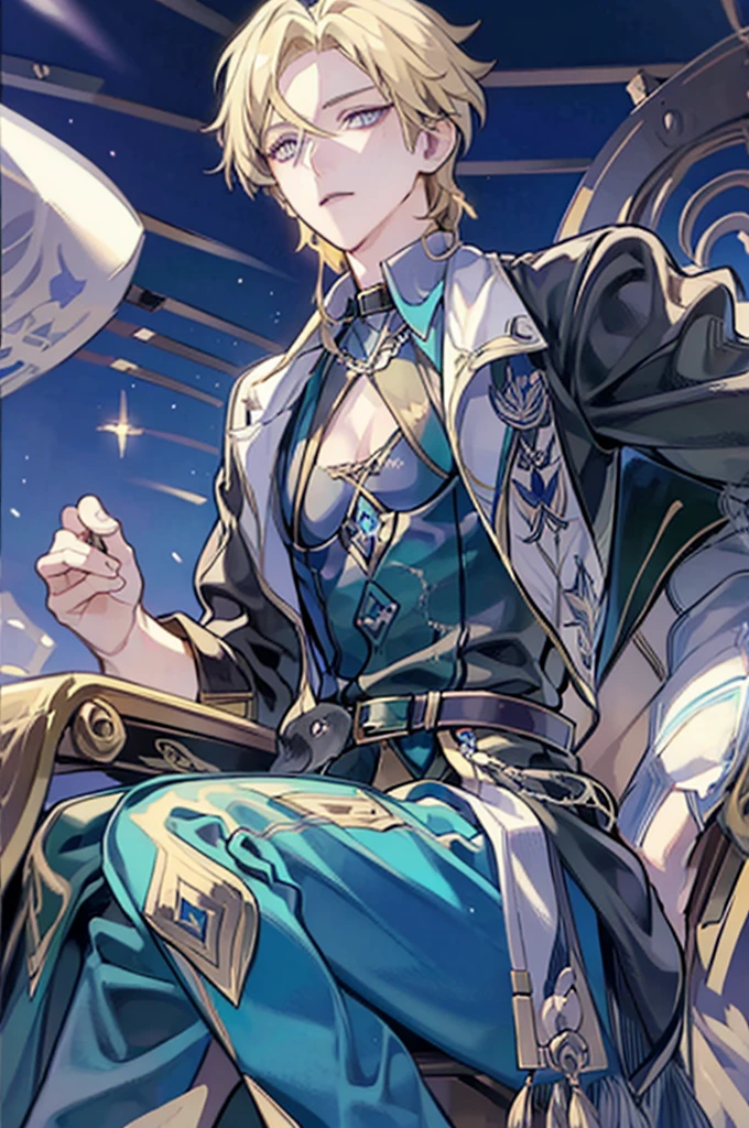 1boy, aventurine, blonde hair, gorgeous, medium hair, (two-tone eyes, purple eyes, blue eyes), best quality, high resolution, materpiece, very detailed, male focus, sitting, shirt, pants, best quality, amazing quality, best aesthetic, absurdres, casino background