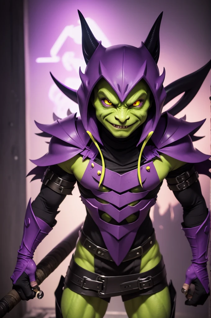A goblin in purple ninja-style clothing with divine yellow eyes