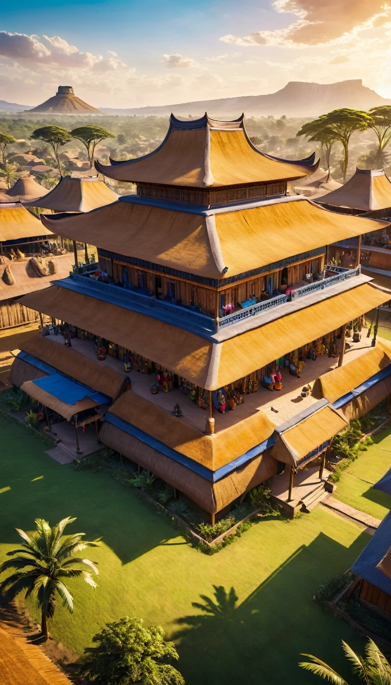 a very large african traditionnal empire, wakanda many houses, big civilisation, african sunchine, detailed, diverse people, colorful, cinematic lighting, dramatic shadows, vibrant colors, photorealistic, 8k, HDR, hyper detailed, masterpiece, empire, sunbchine; good vibes