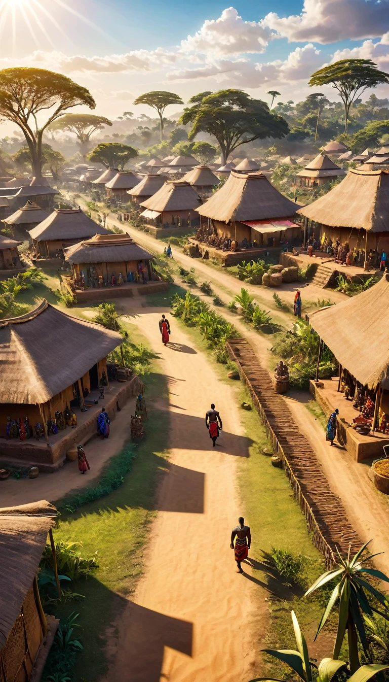 a very large african traditionnal empire, wakanda many houses, big civilisation, african sunchine, detailed, diverse people, colorful, cinematic lighting, dramatic shadows, vibrant colors, photorealistic, 8k, HDR, hyper detailed, masterpiece, empire, sunbchine; good vibes 