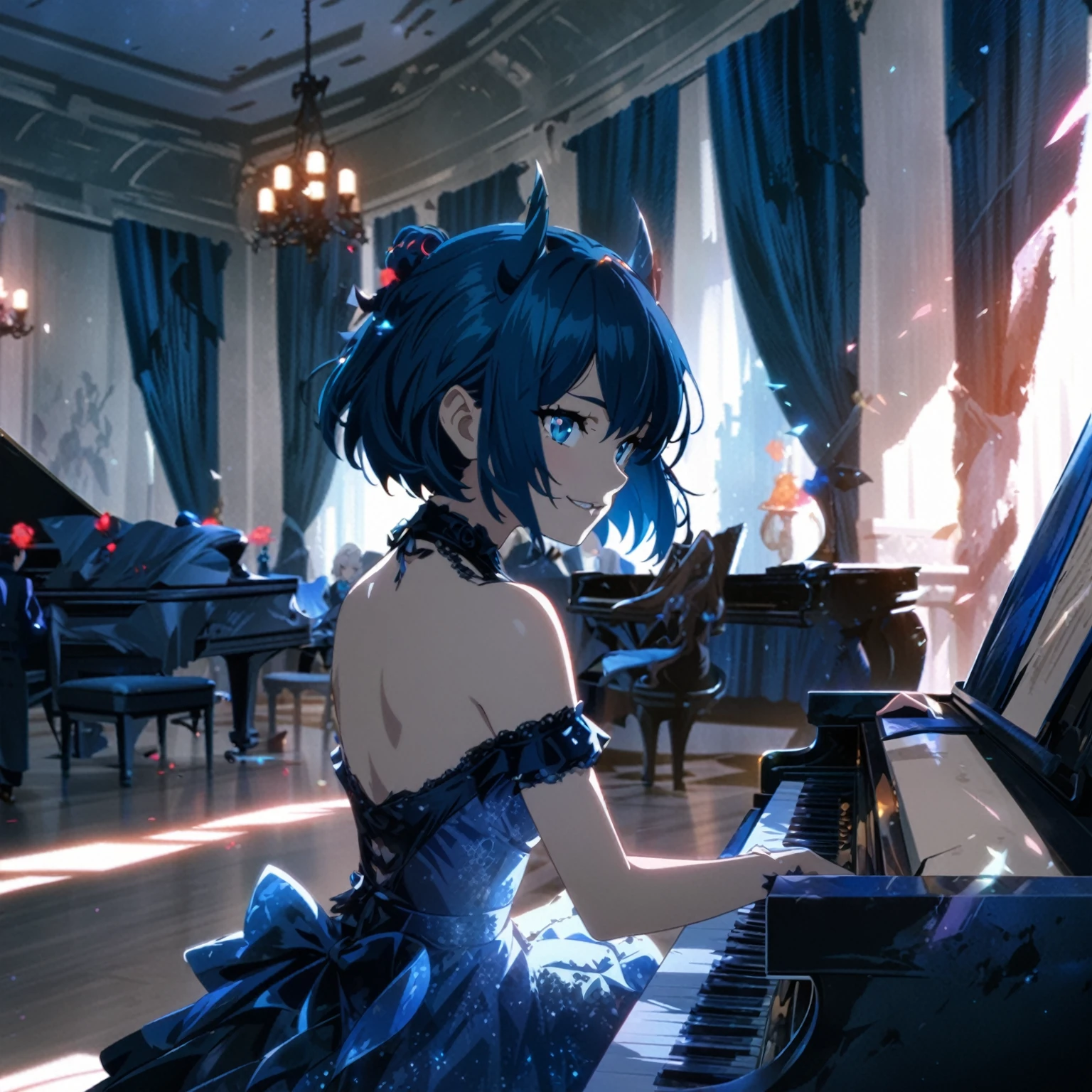 anime girl in blue dress playing piano in large room,evil smile, anime style 4 k, 8k high quality detailed art, nightcore, anime art wallpaper 8 k, 4k anime wallpaper, anime art wallpaper 4k, anime art wallpaper 4 k, anime style. 8k, anime wallpaper 4 k, anime wallpaper 4k, artwork in the style of guweiz