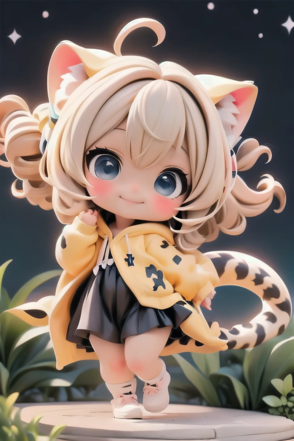 cute chibi girl smiling wearing a (cheetah kigurumi), action pose, dynamic angle, location garden at night, garden outdoors, starry sky, moon