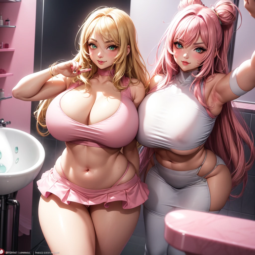 ((1 girls), solo, Big round breasts, trendy, stylish, clevage, thighs, hips, realistic, pink hair, blonde hair, light green eyes, lip gloss, detailed face, amazing big eyes, eye details, big lips, eyebrow details, pink mini skirt, crop top blush, confident, dominant, bdsm, smirk, naughty, mischevious face, HD, good quality, curvy, standing up, thick thighs, attractive, amazing body, perfect body, slim thick, indoors, pink and white outfit, bathroom sink