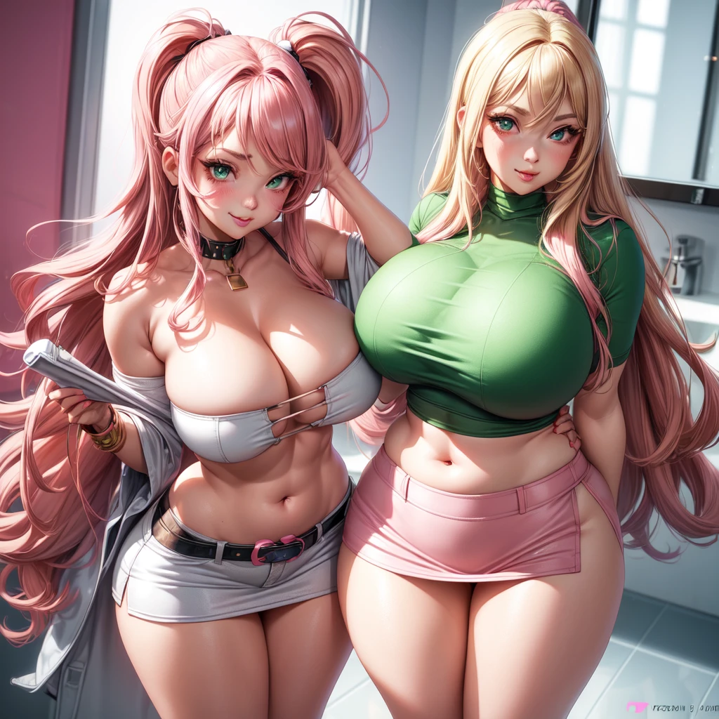 ((1 girls), solo, Big round breasts, trendy, stylish, clevage, thighs, hips, realistic, pink hair, blonde hair, light green eyes, lip gloss, detailed face, amazing big eyes, eye details, big lips, eyebrow details, pink mini skirt, crop top blush, confident, dominant, bdsm, smirk, naughty, mischevious face, HD, good quality, curvy, standing up, thick thighs, attractive, amazing body, perfect body, slim thick, indoors, pink and white outfit, bathroom sink