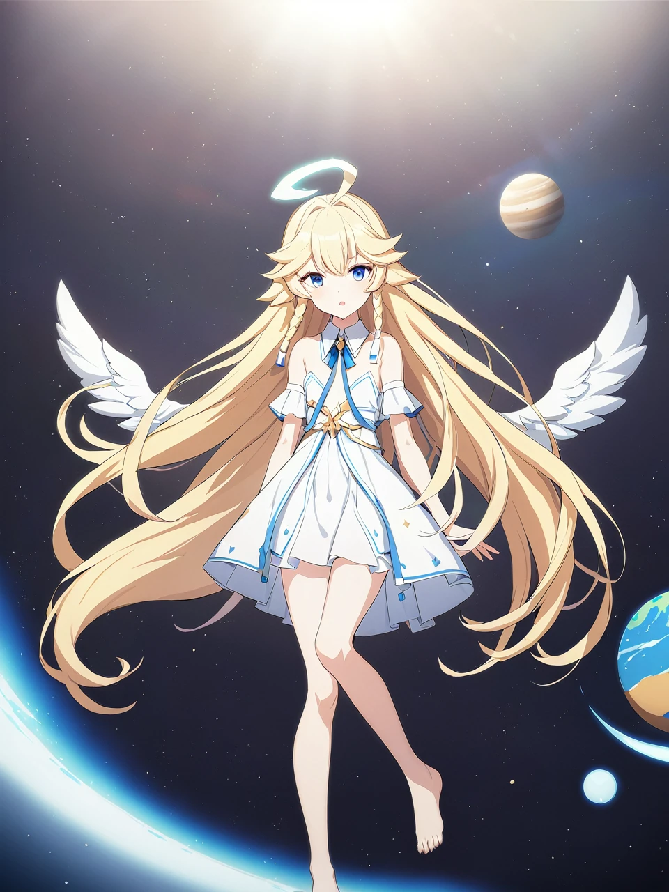 Zaora, blue eyes, (Variegated eyes:0.5), Blonde, Very long hair, Twin Blade, bangs, Ahoge, Hello, Angel, Flat Chest, White Dress, Belly button cutout, Detachable collar, Strapless, Neck ribbon, Bare shoulders, Angel wings, barefoot, One girl, Solo Break Space, planet, Depth of written boundary, Cinematic, masterpiece, Highest quality, Game CG