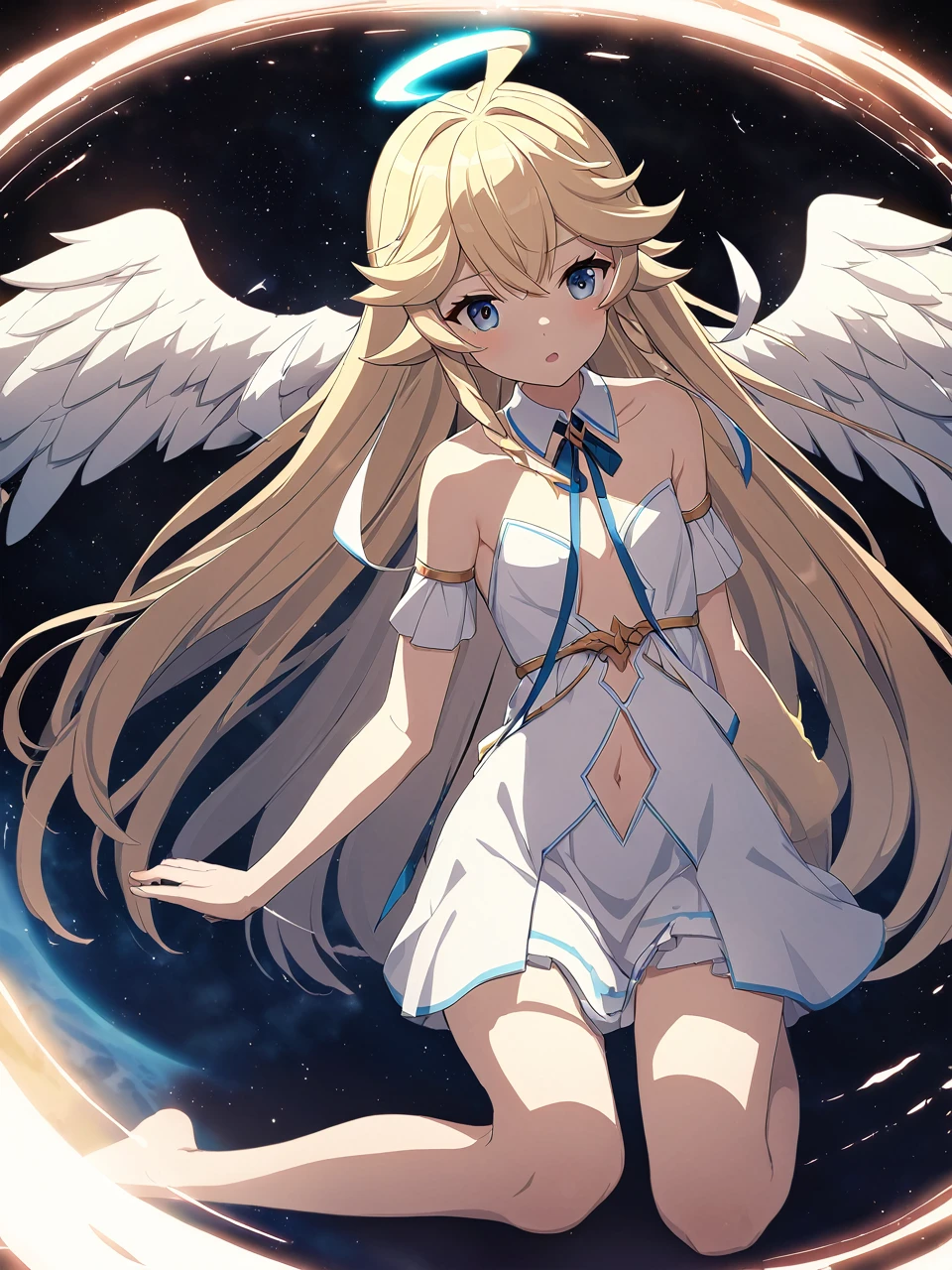 Zaora, blue eyes, (Variegated eyes:0.5), Blonde, Very long hair, Twin Blade, bangs, Ahoge, Hello, Angel, Flat Chest, White Dress, Belly button cutout, Detachable collar, Strapless, Neck ribbon, Bare shoulders, Angel wings, barefoot, One girl, Solo Break Space, planet, Depth of written boundary, Cinematic, masterpiece, Highest quality, Game CG