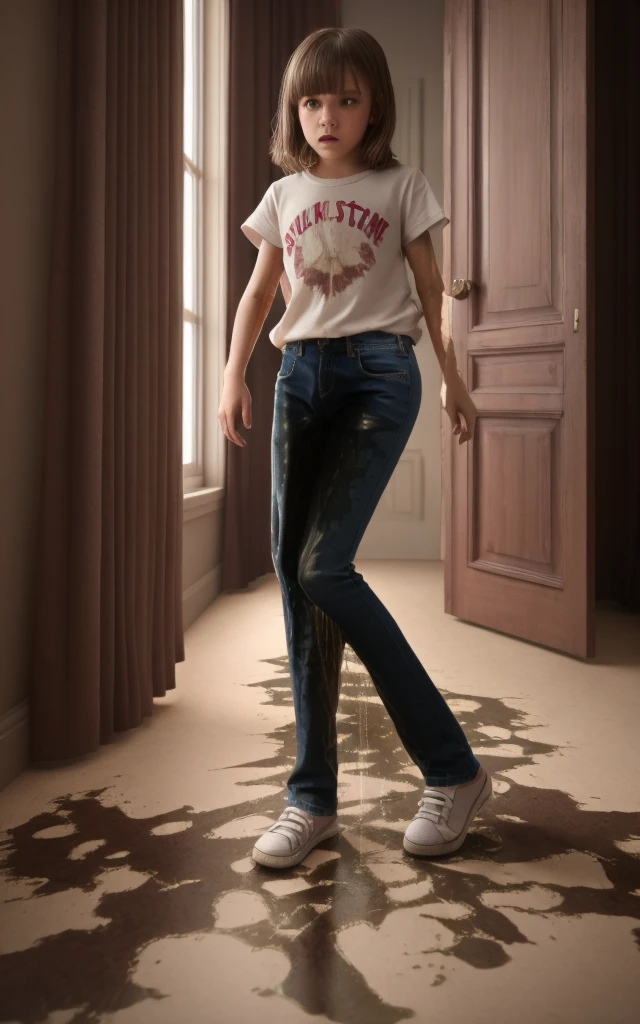 RAW photo, best quality, masterpiece, highres, realistic, 8k, soft lighting, cinematic lighting, (3girls), , blue jeans pants, ((full body)), blush, worried, ((((((pee stain))))))