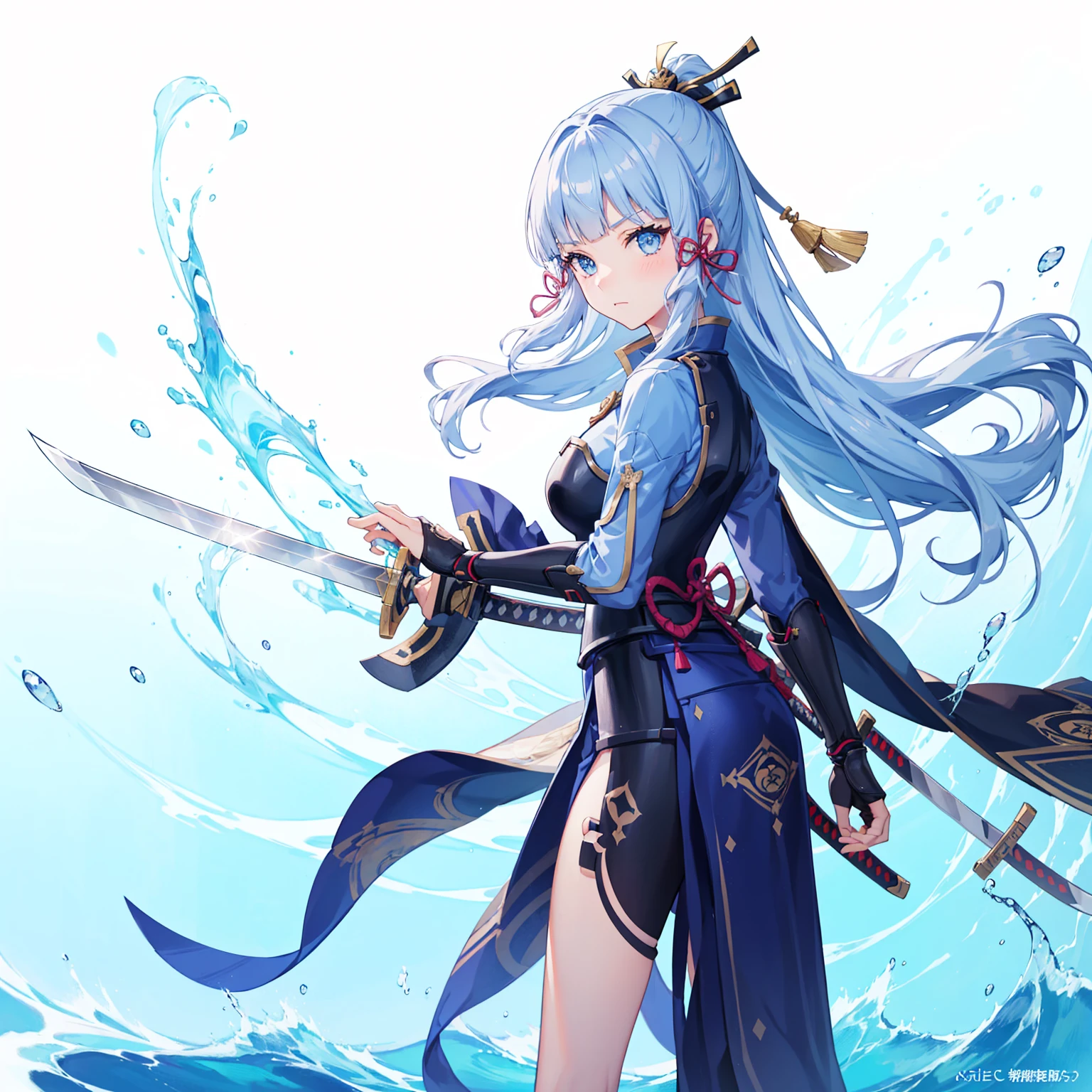 View the viewer, 1 Girl,  Highest quality, Blue Hair, blue eyes, Japanese style armor, Sword in hand, electricity, kamisato ayaka, whole body, blush, Serious face、Very detailed、high resolution、High resolution、Written boundary depth,White Background,A sword as big as your body