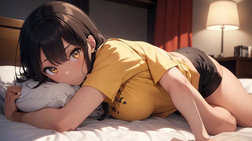 best god quality, Ultra-detailed, perfect Anatomy, (Draw a girl laying in a hotel bed), (lights are off), dark room, room is dark, 1girl, is a soft beautiful tan girl, wearing black pajama shorts, dark skin girl, tan line skin, (dark skin*2), (black + short wavy hair*1.2), Full limbs, complete fingers, groin, Beautiful gold eyes, yellow eyes, well-proportioned tan girl, smug eyes, dark pajama shirt, dark pajama bottoms, in a dark hotel room, High resolution, Best lighting by professional AI, hotel room, lights are off, looking at viewer, (((One girl in middle))), (((SOLO))), (they are laying down in bed) ((bed sheets over body))