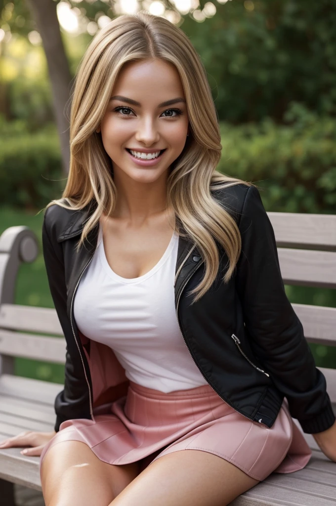 Allie Dunn, blond hair, (black T-shirt), (pink jacket), (red skirt), (high heels), (perfect leggs), (whole body), (posing), (photo pose), (sitting on bench), (confident stance), (alluring allure), (impeccable craftsmanship), (exquisite attention to detail), (smile) (perfect smile), perfect lipps), (perfect teeth), (perfect smile), (irresistible sexiness), (designed to ignite passion), (undeniable sensuality). looking at viewer, smiling, masterpiece, best quality, highly detailed, (Beautiful and detailed eyes), (beautiful and detailed face), Perfect female body, (Best Quality), (ultra-detailed), (master piece), (high resolution), (Original), (the Extremely Detailed CG Unity 8K Wallpapers), big , perfect skin, perfect face, ultra realistic, sexy.