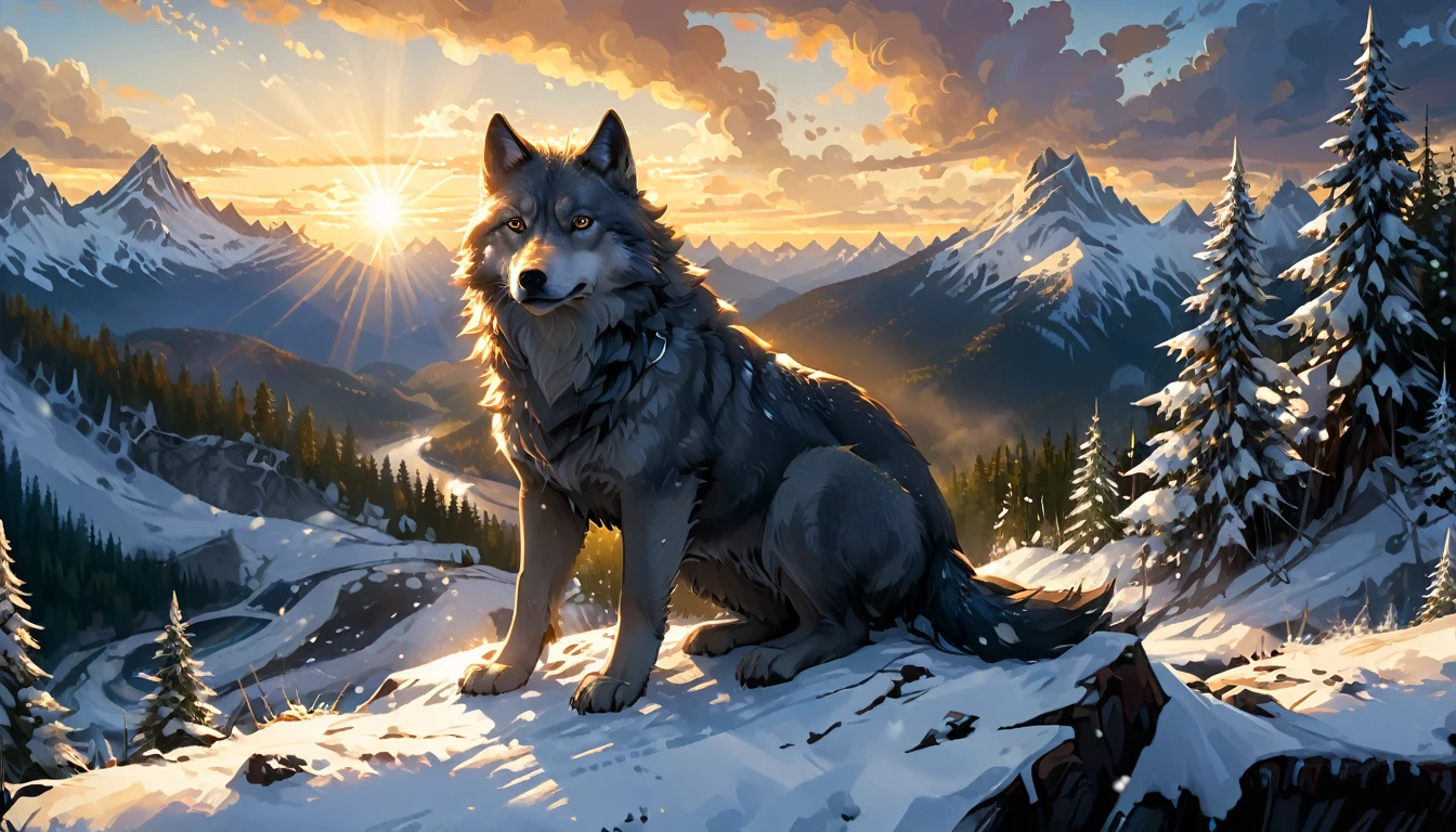 a National Geographic nature shot of a wolf sitting on a snowy mountain, watching the sun rises, the transition between night and day, the snow forest mountain range, a silver (dire wolf: 1.3), sitting on top of a (snowy mountain: 1.4), he sees the forest in the mountains, there pine trees, snow, a river flows between the mountains, the forest is reflected in rays of sunset in river, divine rays, some clouds, sun rays,  (highest quality:1.2, Very detailed, up to date, Vibrant, Ultra-high resolution, High Contrast, masterpiece:1.2, highest quality, Best aesthetics), best details, best quality, highres, ultra wide angle, 16k, [ultra detailed], masterpiece, best quality, (extremely detailed: 1.5), aetherpunkai, Cinematic Hollywood Film style