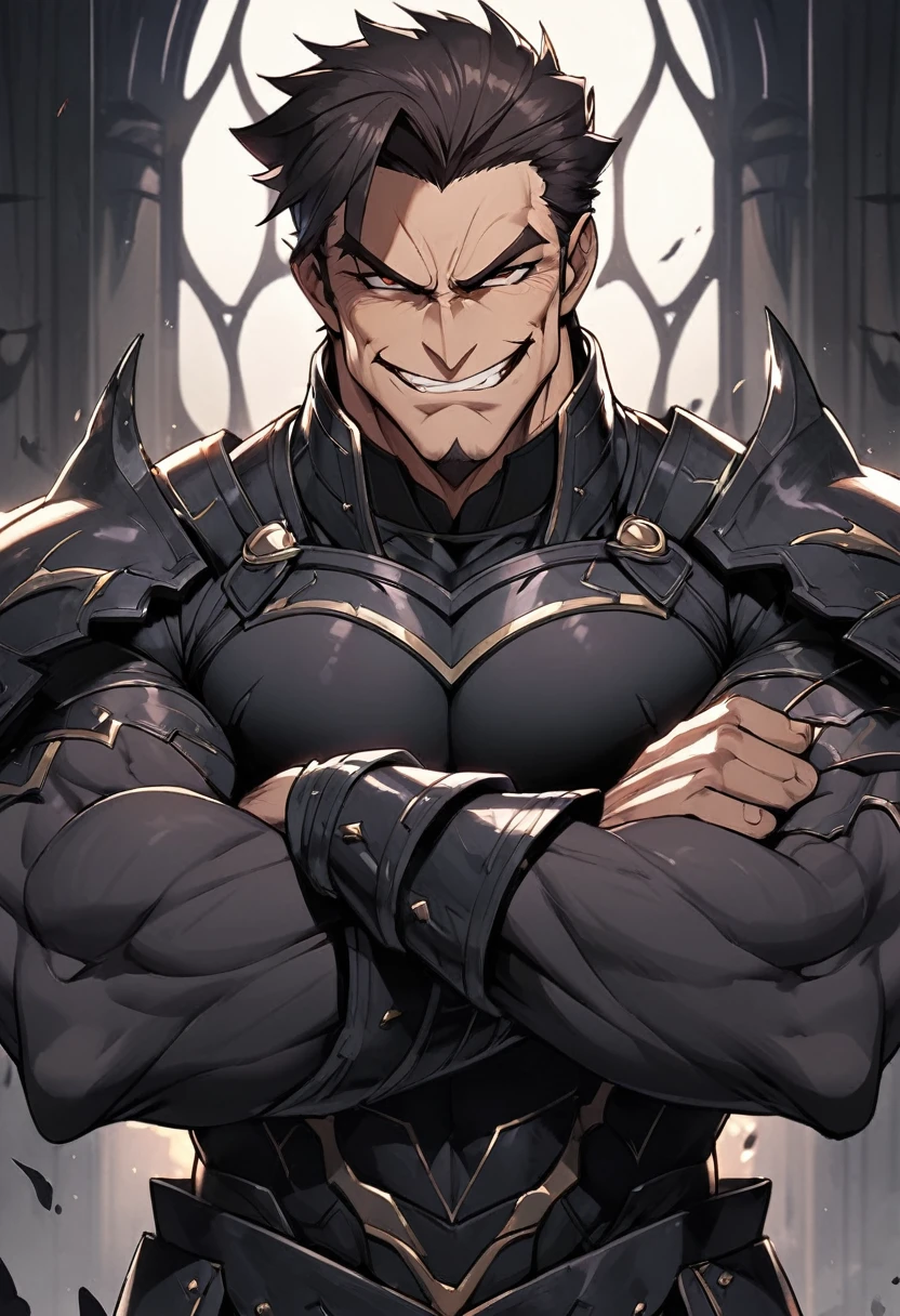Dark hair, mature male, Short hair upright, Drak black armor, crossed arms, muscular body, evil smirk, chad face, evil smile