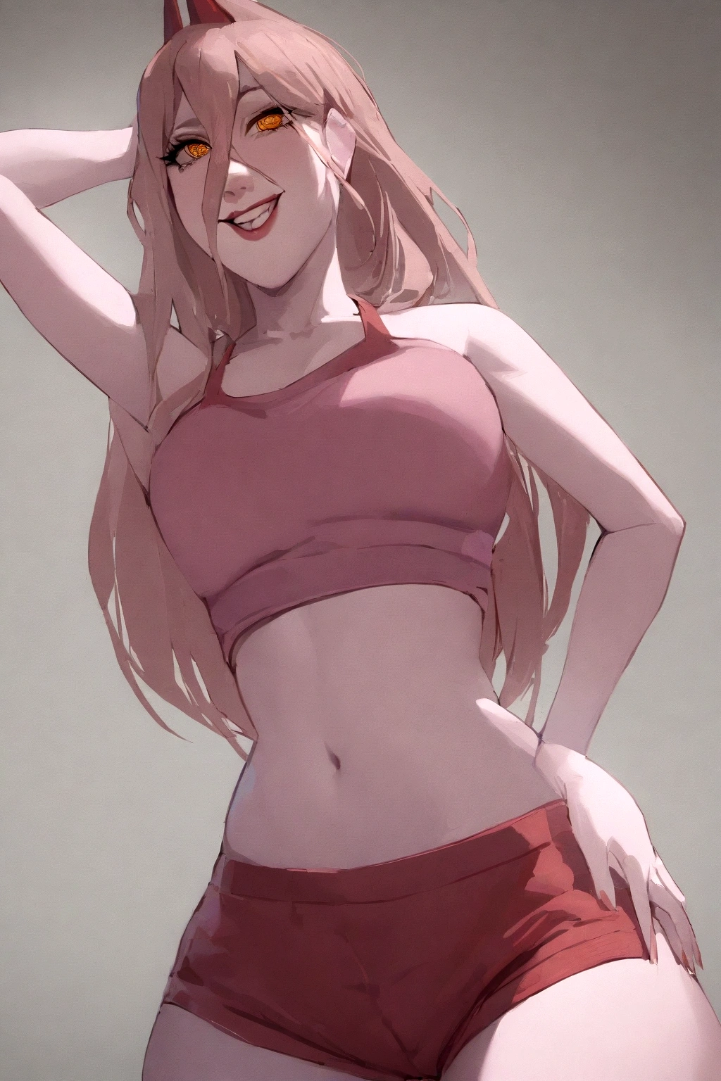 a girl in a short pink crop top showing half her midriff, crimson red shorts, face smiling seductively, detailed beautiful eyes, detailed beautiful lips, masterpiece,sharp focus.